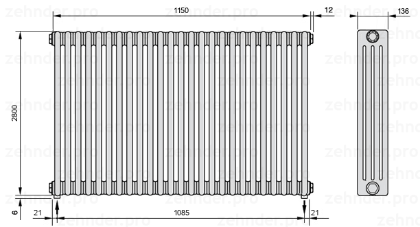 Схема (чертеж) Радиатор Zehnder Charleston 4280/25 №3570 Белый глянцевый RAL 9016